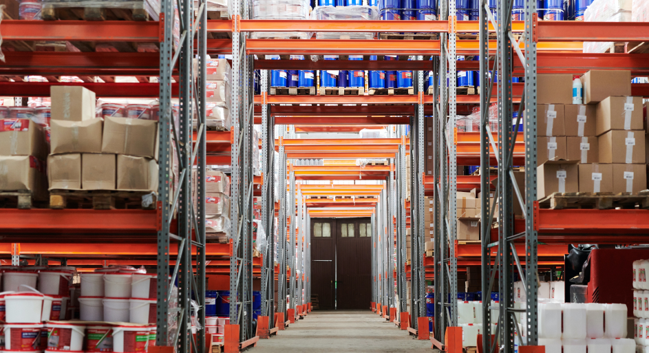A warehouse fulfillment center showing picking shelves