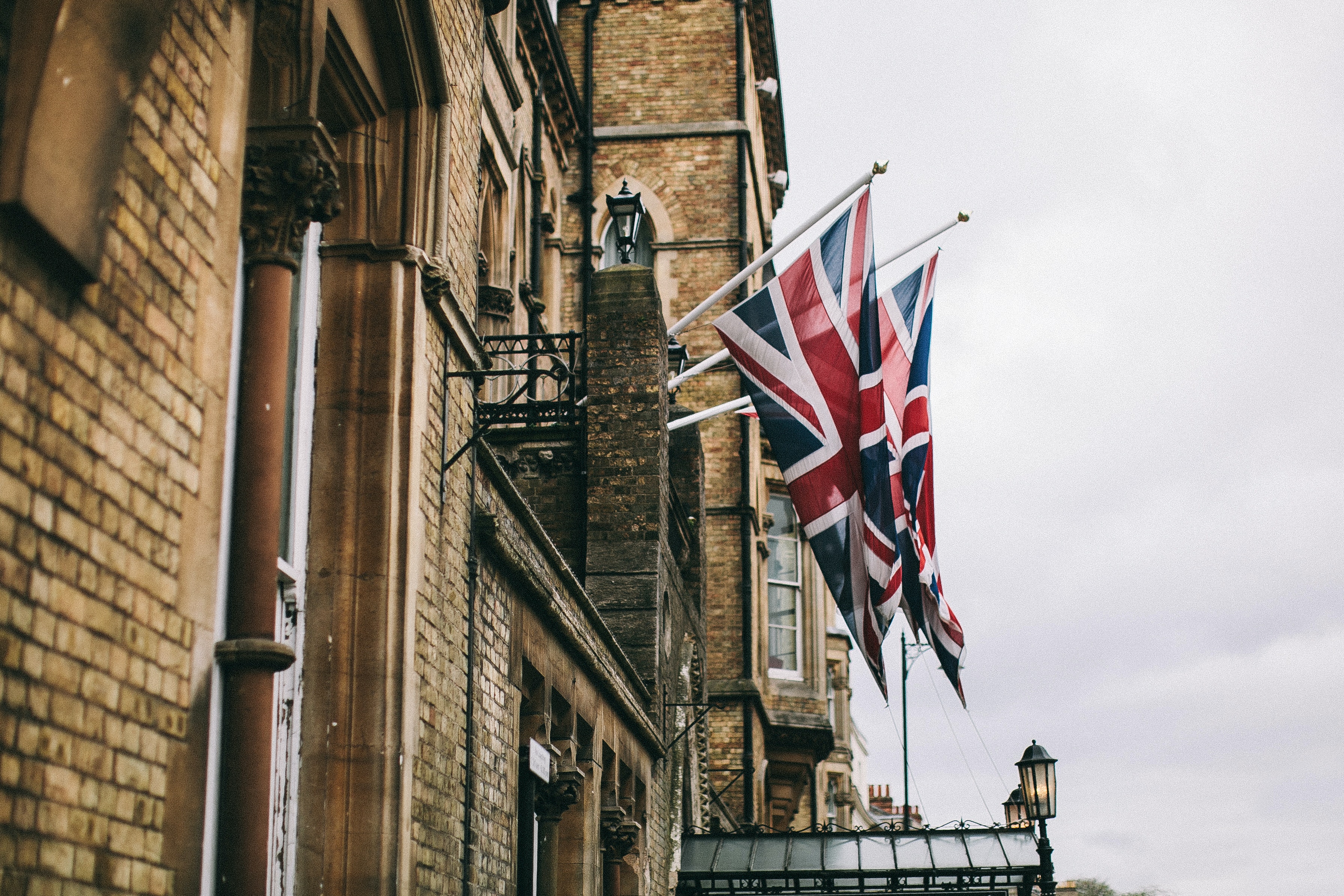 UK flags hanging on a building